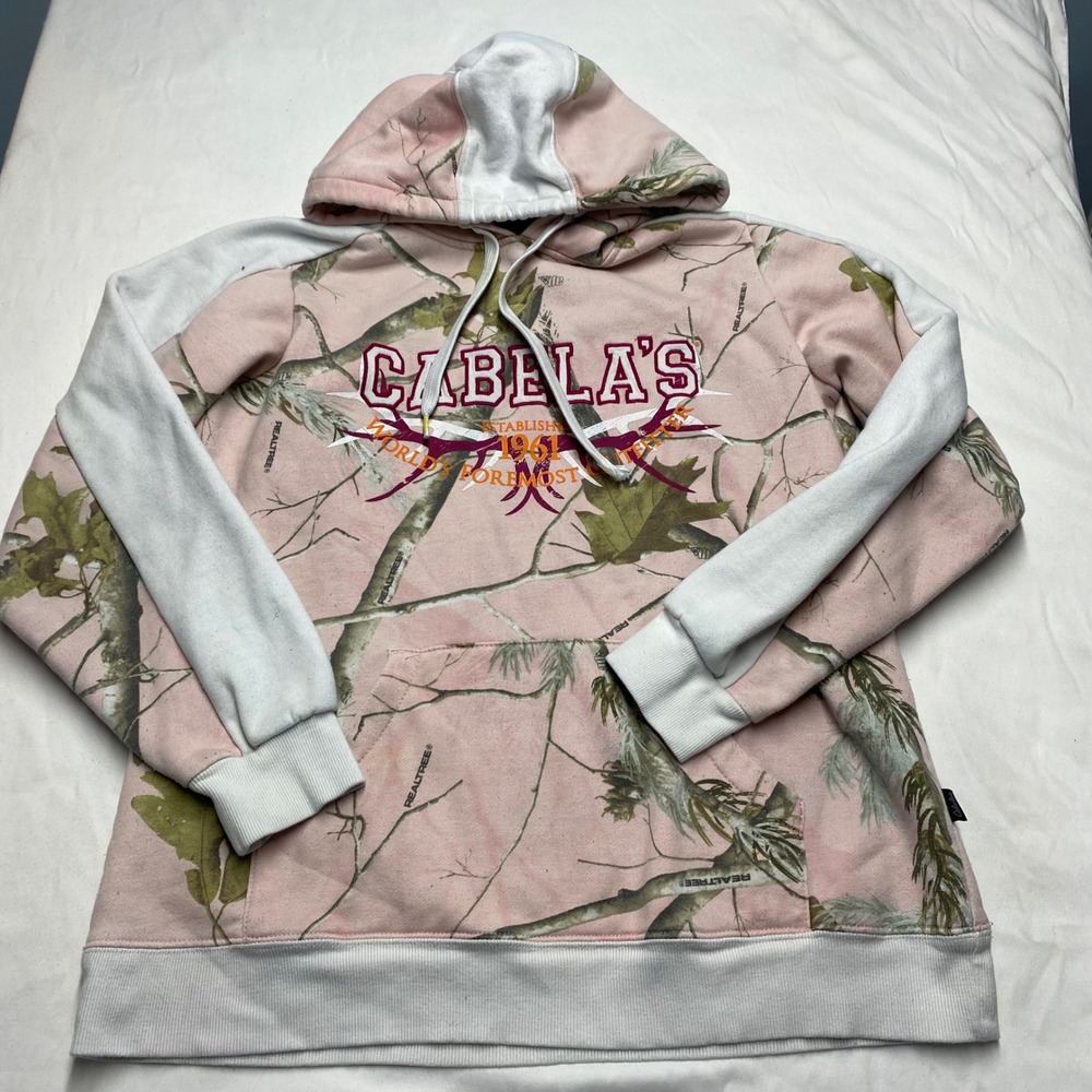 Cabelas Womens Pink Realtree Camo Pullover Hoodie Graphic Sweatshirt Large